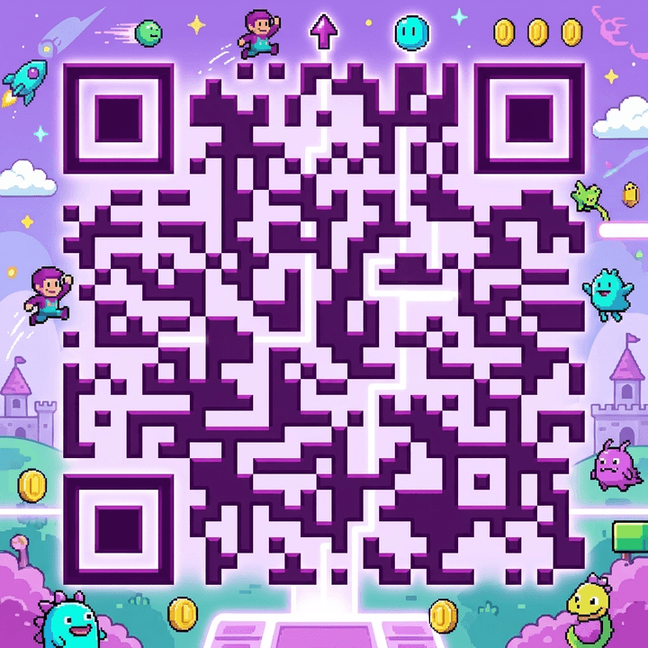 A QR code drawn as a purple pixel-art arcade scene