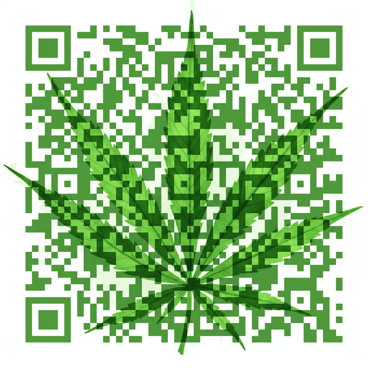 A QR code drawn as a green cannabis leaf